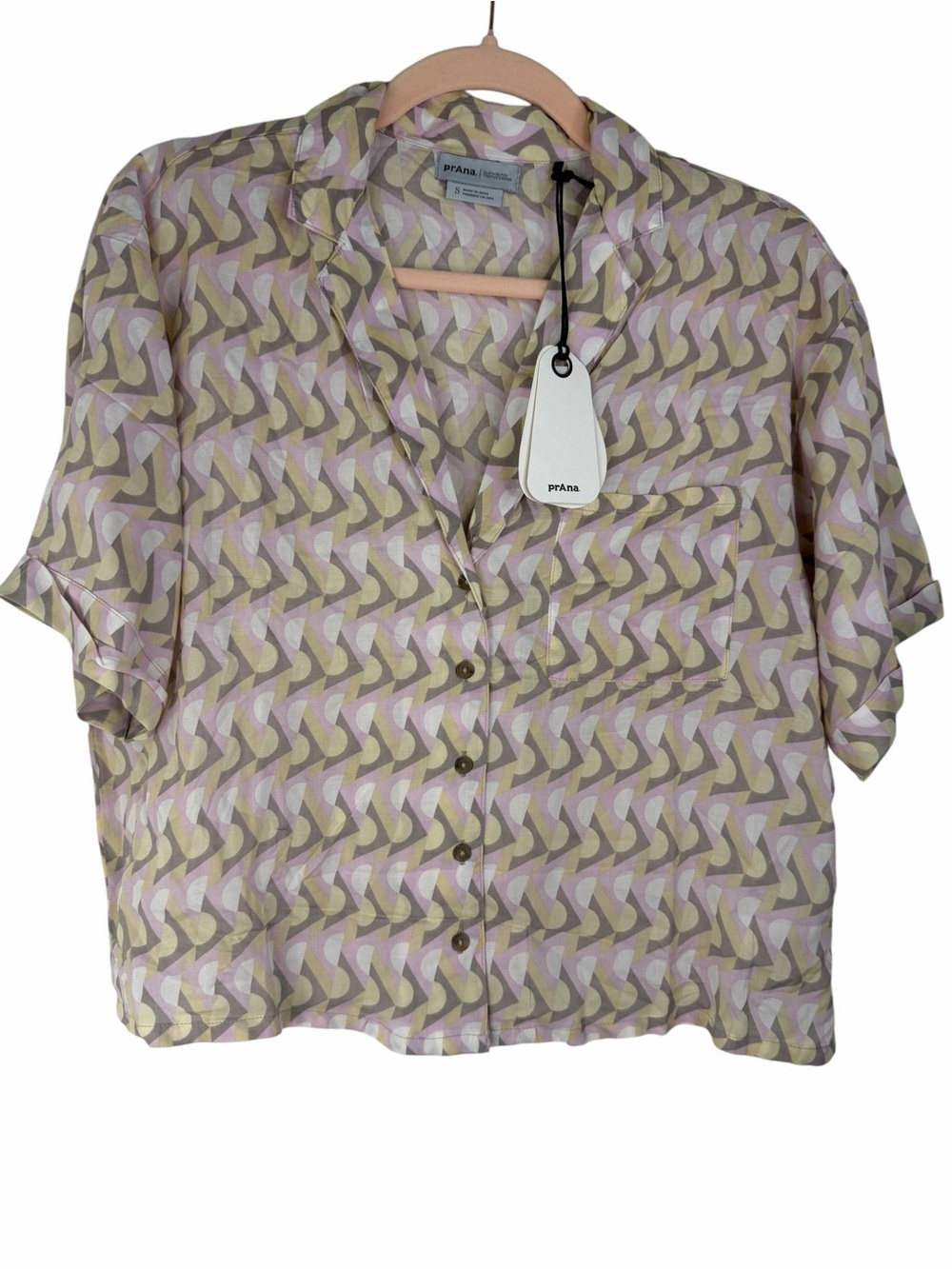 NWT prAna Iguala Top Button up Shirt-Lavender/Cream-Cropped MSRP $79